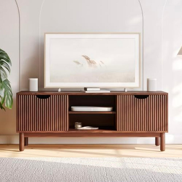 Stead Low Profile Fluted TV Stand - Mid Century Media Console - 48” Entertainment Center with Shelves and Doors, Walnut Finish