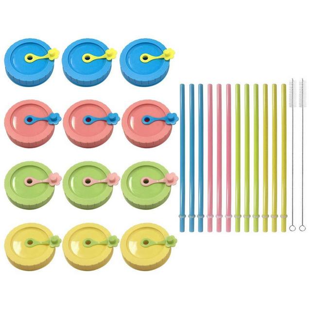 Mason Jar Lids,Regular mouth canning lids,Plastic Regular Mouth Mason Canning Lids with Straw Hole/Plastic Straws/Silicone Stoppers/Silicone Rings/Cleaning Brush,Decorative Mason Jars Caps (26 Pack)