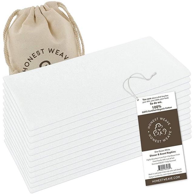 HONEST WEAVE GOTS Certified Organic Cotton Washable Cloth Napkins Sets for Everyday Dining, Dinner Parties, Weddings | Oversized 20x20 inches, Fully Hemmed, in Designer Colors, 12-Pack, White