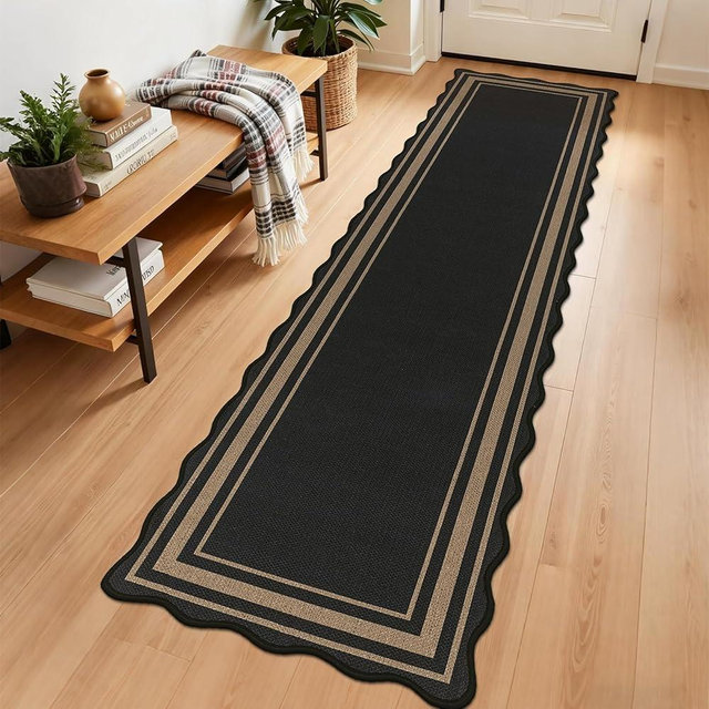 SHACOS 2x8 ft Washable Runner Rug Scalloped Non Slip Woven Texture Geometric Farmhouse Modern Carpet for Porch Hallway Kitchen Entryway Indoor Outdoor Patio Carpet Black, 2'x8'