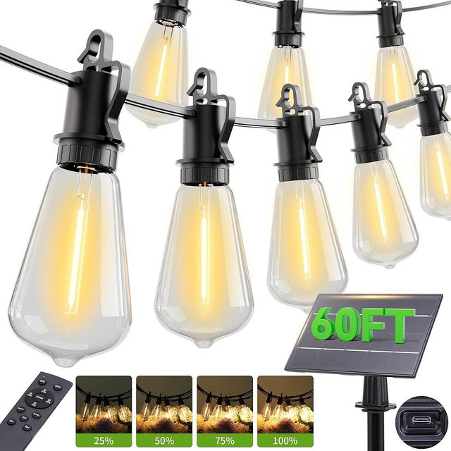 OOOLED 60FT Solar String Lights Outdoor Waterproof with Remote,Shatterproof ST38 20 LED Bulbs,2700K Dimmable Solar Lights Outdoor,Outside Hanging Lights for Patio,Garden,Camping,Deck,Backyard Decor