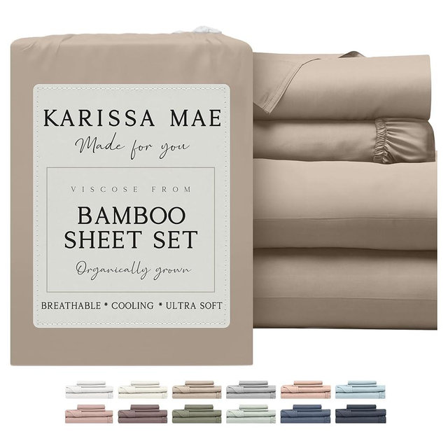 KARISSA MAE Cooling Bamboo Viscose King Size Sheet Set | 100% Organically Grown | 18” Deep Pocket | Silky, Soft, & Hypoallergenic | with Organizer Band & Elastic Corner Straps [Dune]