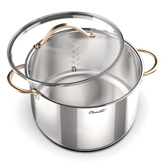 Ciwete 8 Quart Stock Pot, 3 Ply Stainless Steel Cooking Stock Pot with Lid, 8 QT Soup Pot with Copper Handle, Healthy Stockpots, Induction, Oven, Gas and Dishwasher Safe
