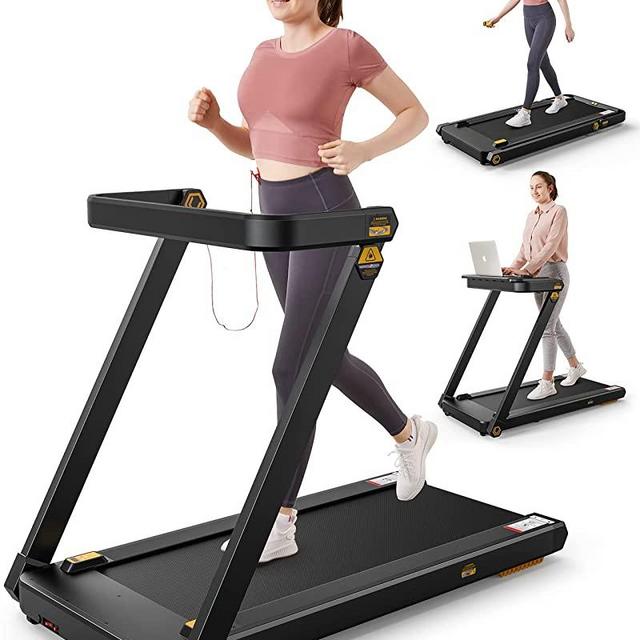 UREVO Folding Treadmill, 3 in 1 Treadmill with Removable Desk, Install Free Under Desk Treadmill with Remote and LCD Display, 3HP Foldable Treadmill with 2s Folding