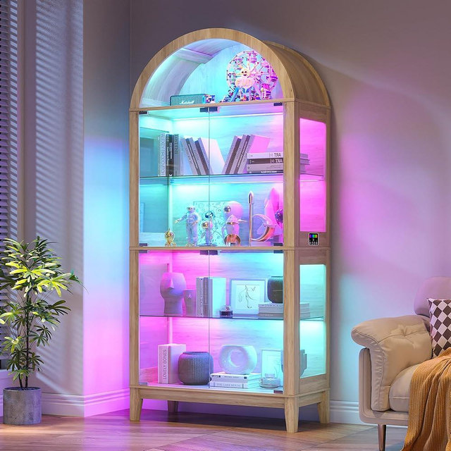 HNEBC Arched Display Case with RGB Lights, 69" Tall 5-Tier Tempered Glass Display Cabinet with Doors, LED Curio Cabinet with Shelf, Floor Standing Bookcase for Living Room(Natural)