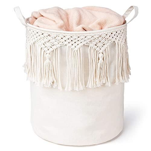 Mkono Macrame Laundry Basket Boho Laundry Hamper with Woven Macrame Tassel Towel Clothes Toys Organizer for Nursery, Living Room, Bedroom, Bathroom