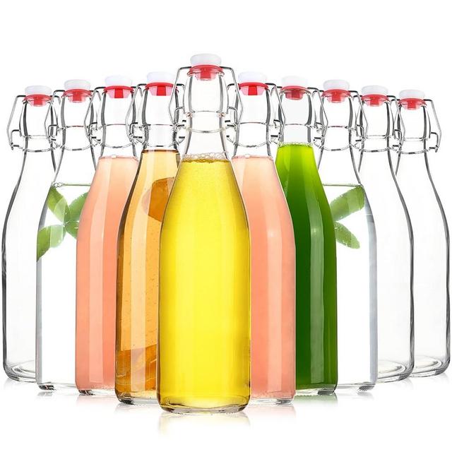 KITGLASCUP Clear Glass Bottle with Swinging Top for Airtight Lids, 16oz 10 Pack Beer Bottles with Flip Caps, Home Brewing and Fermentation Kombucha, Vanilla Extract, Beverage, Water, Kefir