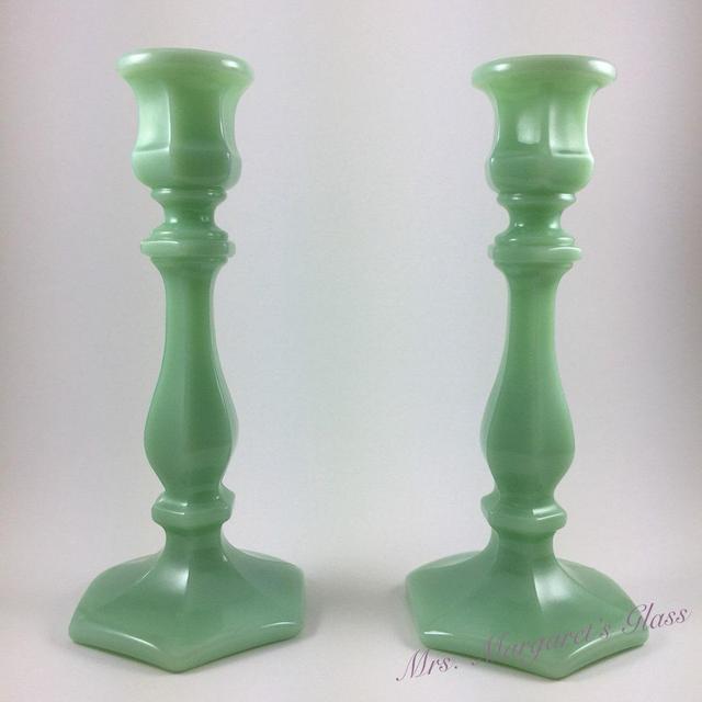 Set of Two. Mosser Glass Jadeite Candlestick Holders.