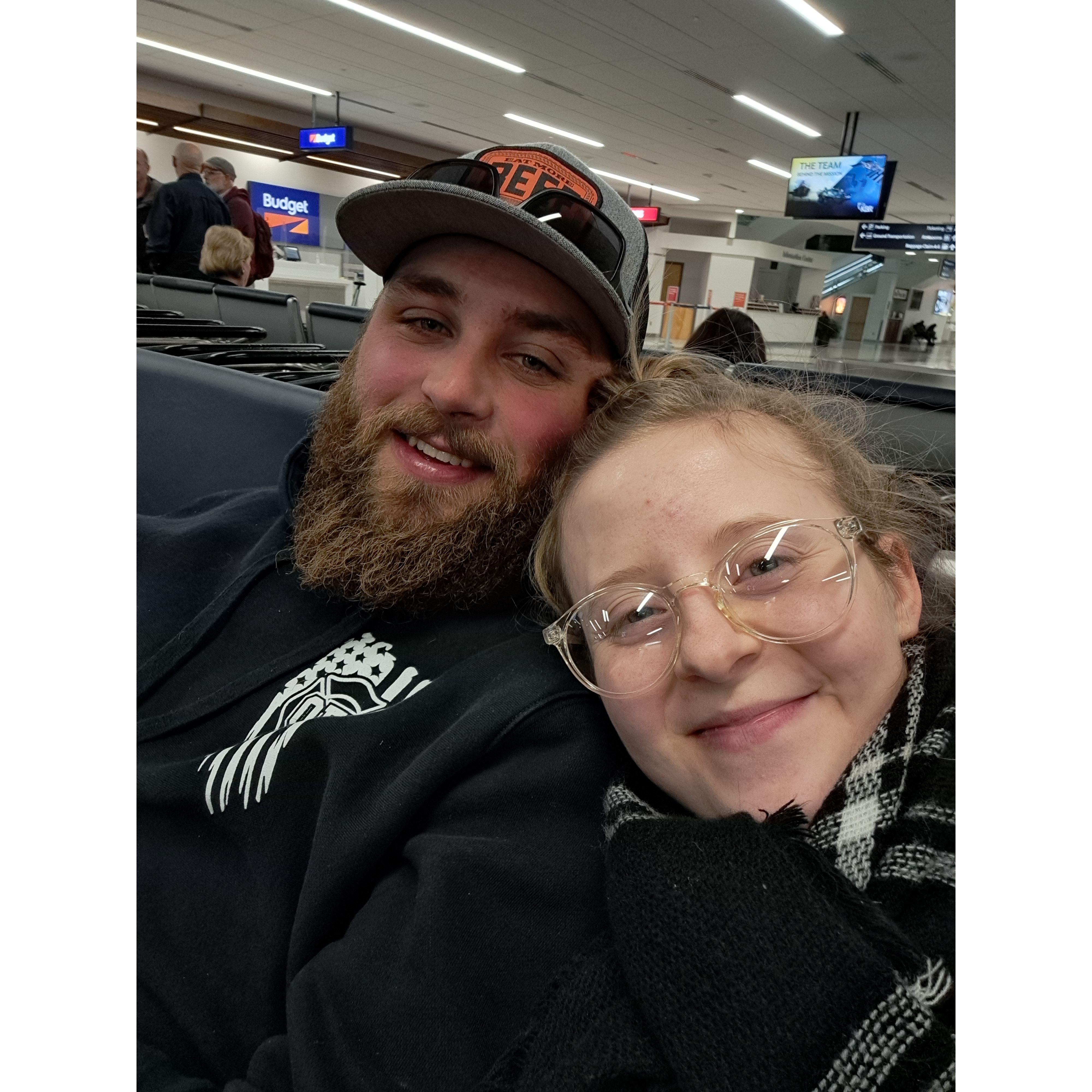 Two homebodies very tired from a day of travel. What a joy it will be to experience adventures together in marriage.