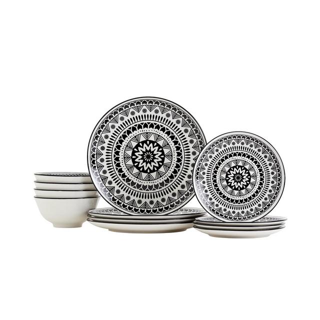 TTU Gallery 12-Pc Black Pad Print Dinnerware Set, Service for 4