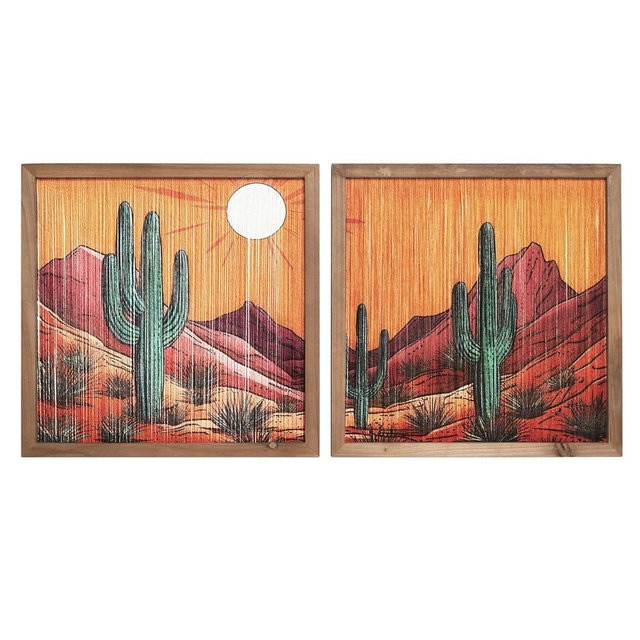 flangairy Desert Wall Art, 2 Pcs Wooden Arizona Western Cactus Landscape, Southwestern Living Dining Room Bedroom Home Decor, Tassel String Artwork