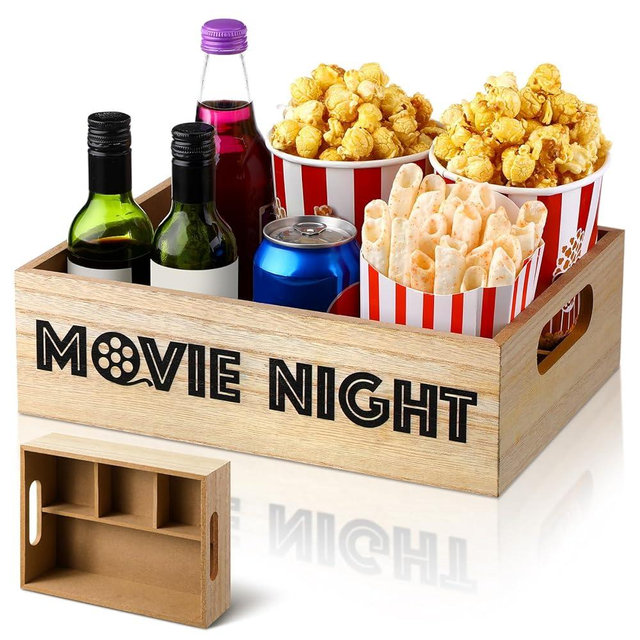 GlikCeil Movie Night Supplies Snack Trays with Handles Reusable Wooden Movie Night Gift Basket for Theater Popcorn Bucket Bowl Box Container Family Room Decor(Separate Compartments)