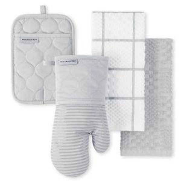KITCHENAID Quilted Cotton Terry Cloth Oven Mitt, Pot Holder, Kitchen Towel 4-Pack Set, Heat Resistant, Silicone Grip, 16"x26", 7"x13" & 7"x10", Matte Grey