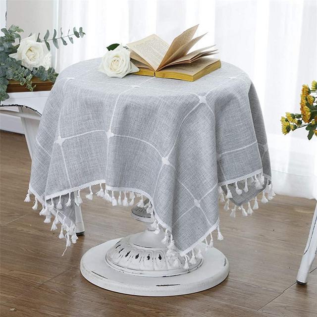 LUCKYHOUSEHOME Cotton Linen Checked Lattice Small Square Tablecloth Embroidery Tassel Table Cover for Home Dinning Tabletop 35x35 Inch, Gray