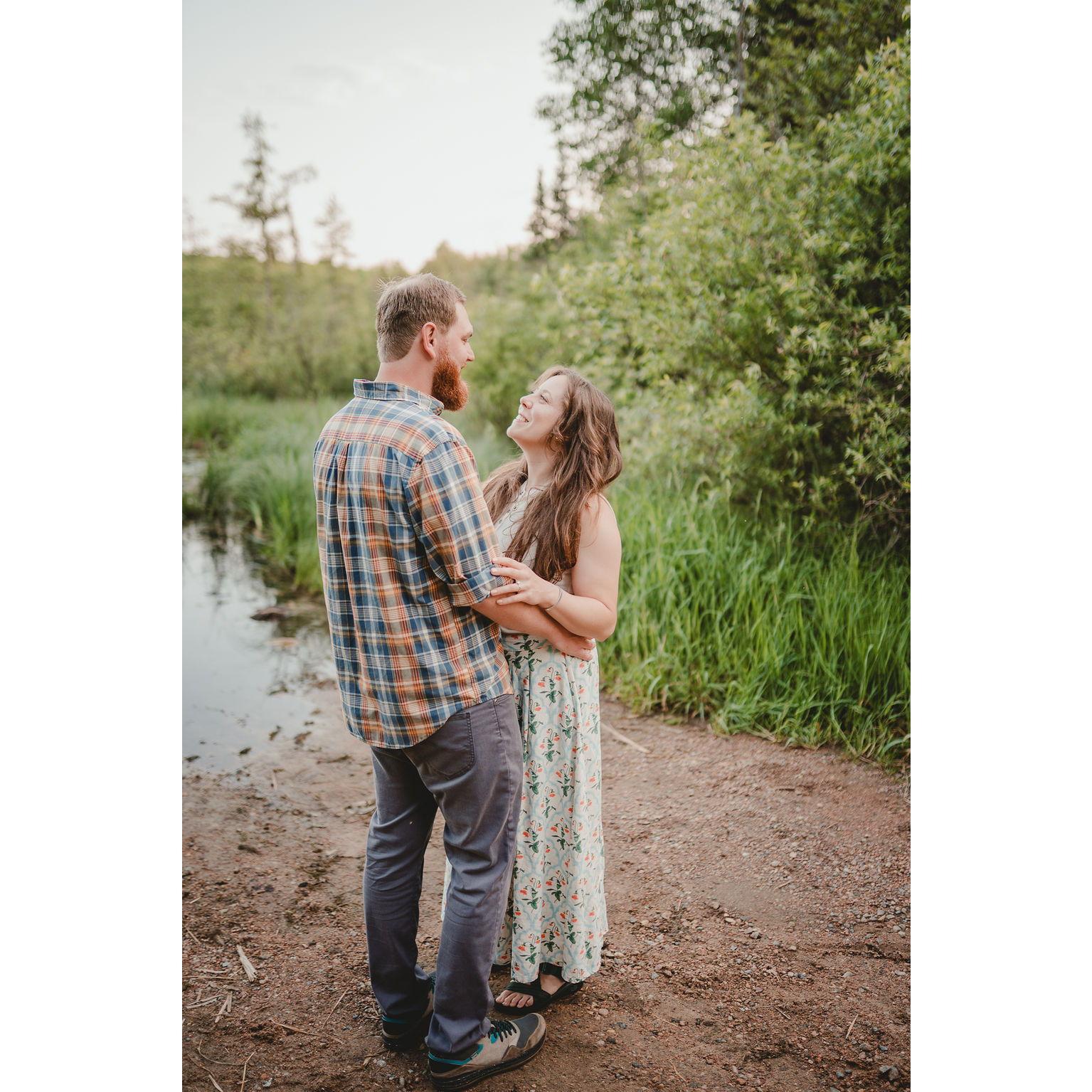 Engagement photos taken on the White Cedar Segment of the Ice Age Trail at the Rice Lake Preserve in June 2025 by the fabulous Sara Griena: AnaFinn Photography, www.anafinnphotography.com