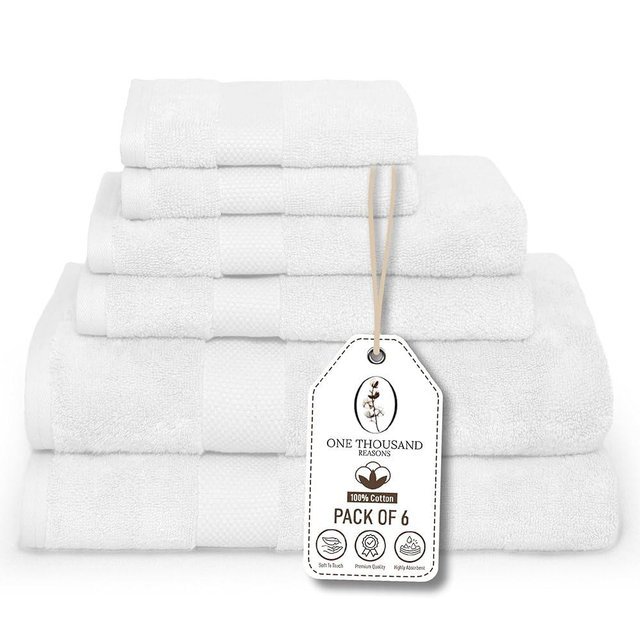 Premium Staple Cotton Bathroom Towel Set - White 600 GSM 6-Piece Luxury Bath Towel Set 1 Stripe - 2 Bath Towels, 2 Hand Towels & 2 Washclothes Set - High Absorbent & Quick Dry for Gym, Spa, Hotel