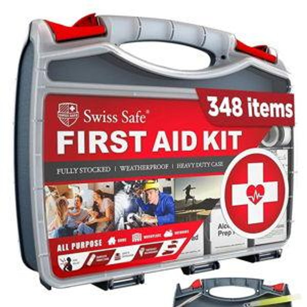 Swiss Safe 2-in-1 First Aid Kit for Car, Travel & Home, Businesses - Bonus Mini Kit for Medical Emergency Aid, Survival, Camping - FSA & HSA Eligible - 348 Pcs, Large Hardcase FAK