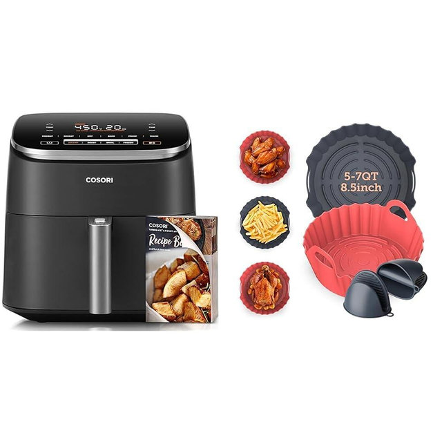 Bundle of COSORI Air Fryer 6 Qt TurboBlaze, Gray + COSORI 2Pack Air Fryer Silicone Liners with Gloves, for 5-7 Qt, 8.5 Inch Reusable Basket