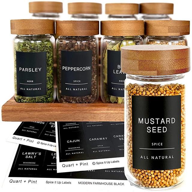 Quart + Pint 140 Spice Jar Labels: Minimalist Matte Black Sticker White Text. Waterproof Stickers. Organization for Jars Bottles Containers Bins. Storage Rack Systems for Kitchen & Pantry Labels.