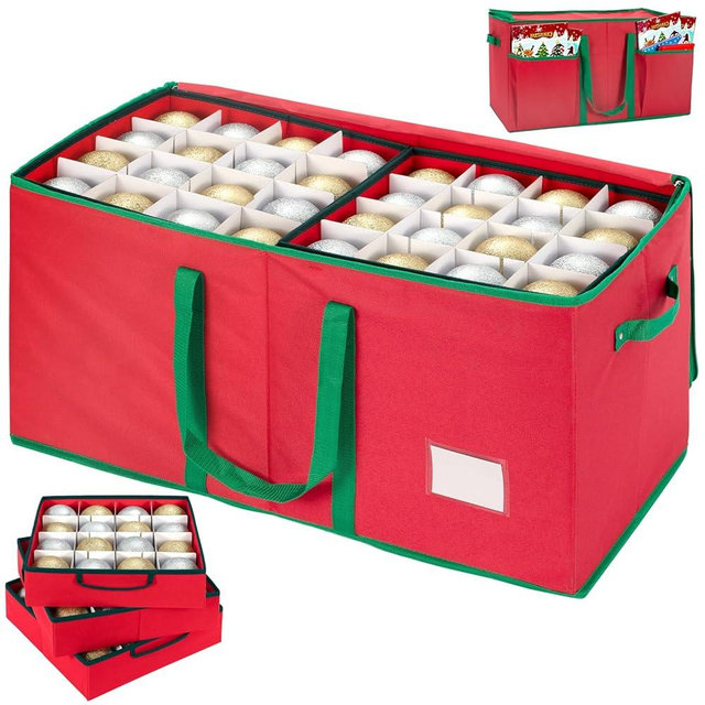 JY COOKMENT Christmas Ornament Storage Box with Adjustable Dividers and Side Pockets, Large Ornaments Storage Container Bin with Zippered Top for Xmas Decorations (128-3" Balls, Red, With Tray)