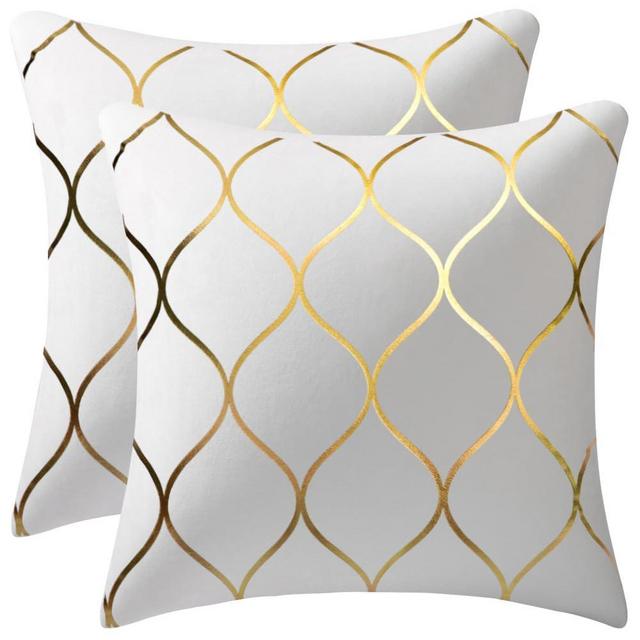 DEZENE Gold Velvet Throw Pillow Covers Off White: 2 Pack 18x18 Inch Square Decorative Pillow Cases for Bedroom Sofa Couch Living Room