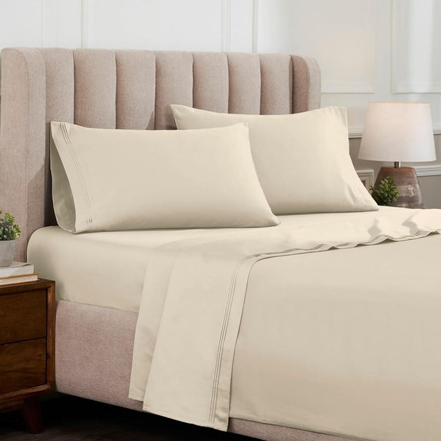 Superior Egyptian Cotton 4 Piece Sheet Set, Luxury 1000 Thread Count, Modern Design, Sustainable Sheets, Ultra-Soft Basics, Solid, Deep Pocket Fitted Sheet, Flat Sheet, Pillowcases, King, Ivory