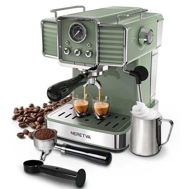 Neretva Espresso Machine, 15 Bar Espresso Coffee Machine with Milk Frother Steam Wand, 1350W Professional Coffee Maker Built in Pressure Gauge, 54 Oz Removable Water Tank Espresso Maker Cappuccino, Latte, Machiato, Retro Green Design, For Home Barista