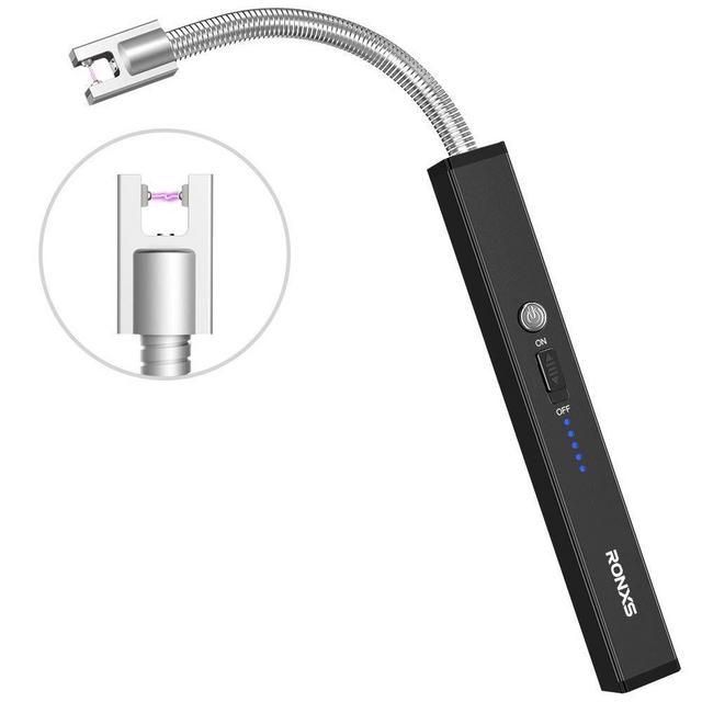 RONXS Candle Lighter, Square Electric Arc Lighter with LED Battery Display Safety Switch, USB Rechargeable Lighter w/Longer Flexible Neck for Camping Cooking BBQs Fireworks
