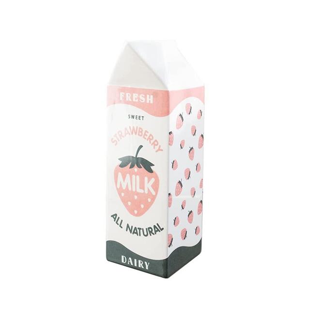 Milk Carton Vase – Ceramic – Vintage Inspired Kawai Style Strawberry Kitchen Decor – Hand Painted by Bien Beau –