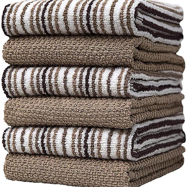 Premium Kitchen Towels (16”x 26”, 6 Pack) – Large Cotton Kitchen Hand Towels –Popcorn Stripe Design – 400 GSM Highly Absorbent Tea Towels Set with Hanging Loop – Tan