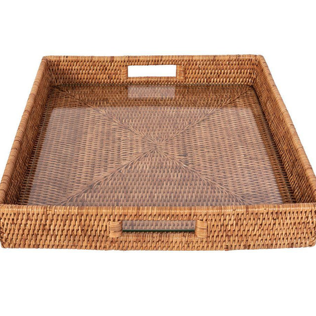 Tava Handwoven Rattan Square Serving Tray with Glass Insert, 16"L X 16"W, Natural