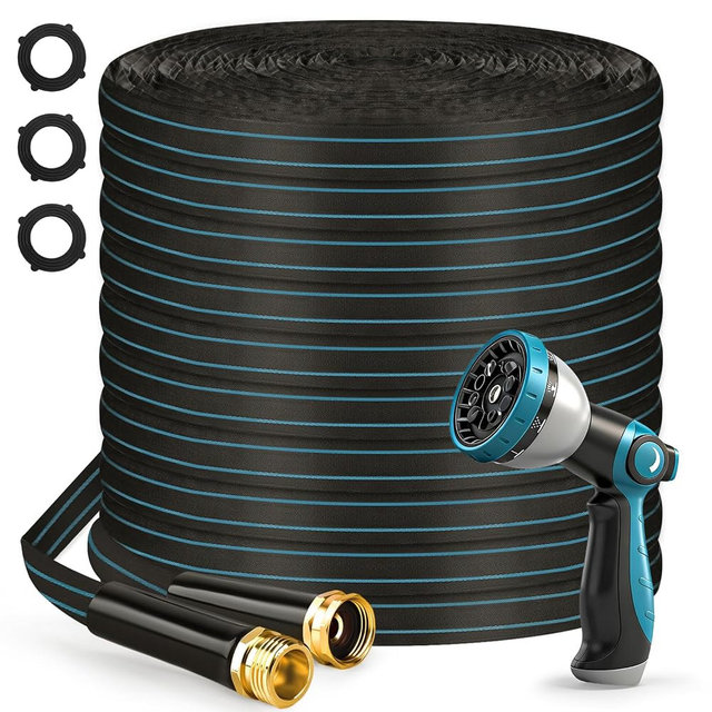 Halfjuly Garden Hose 100FT, Flat Non-Expandable Lightweight Water Hose, Durable Flexible Heavy Duty No Kink Design with 3/4" Fittings, 10 Way Spray Nozzle for Outdoor Yard Lawn