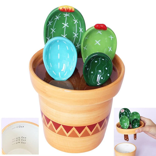 Cactus Measuring Spoons Set in Pot Ceramic Cute Measuring Cups and Spoons Unique Baking Gifts for Dry Wet Ingredients Dishwasher Safe 1 Tbsp 1 TSP 1/2 TSP 1/4 TSP 1 Cup Blue