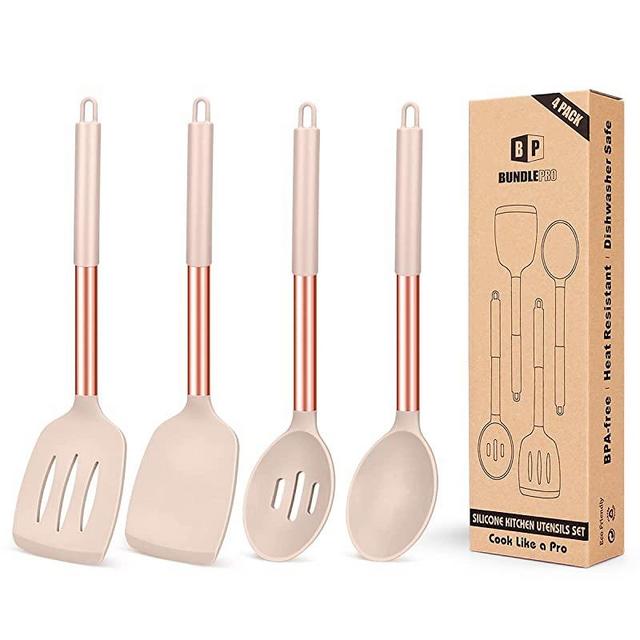 Pack of 4 Silicone Cooking Utensils Set, Non Stick Large Solid Spatulas, Heat Resistant Rose Gold Khaki Slotted Spoons, Ideal BPA Free Kitchen Turners for Frying, Mixing,Serving,Draining,Turning