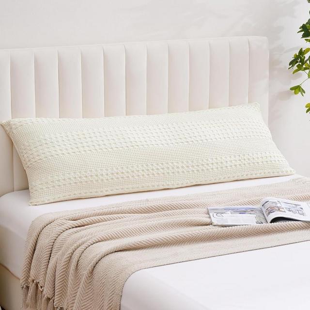 PHF 100% Cotton Waffle Body Pillowcase with Zipper, 1 Pack 20" X 54" Soft Breathable Skin-Friendly Pillow Sham, Decorative Waffle Weave Body Pillow Cover, No Filling, Ivory