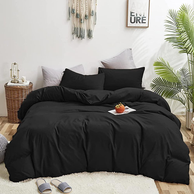 Luxlovery Black Comforter Set King Men Bedding Comforter Set King Size Solid Color Black Dark Color Quilts Blanket Cotton Soft Breathable 3 Piece Comforter Set with 2 Pillowcases for Adults