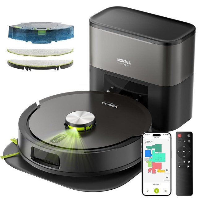 MONSGA Robot Vacuum and Mop Combo, 90 Days Self-Emptying with 8000Pa Suction, LiDAR Smart Mapping, Dual Anti-Tangle for Pet Hair, Carpet and Hard Floor