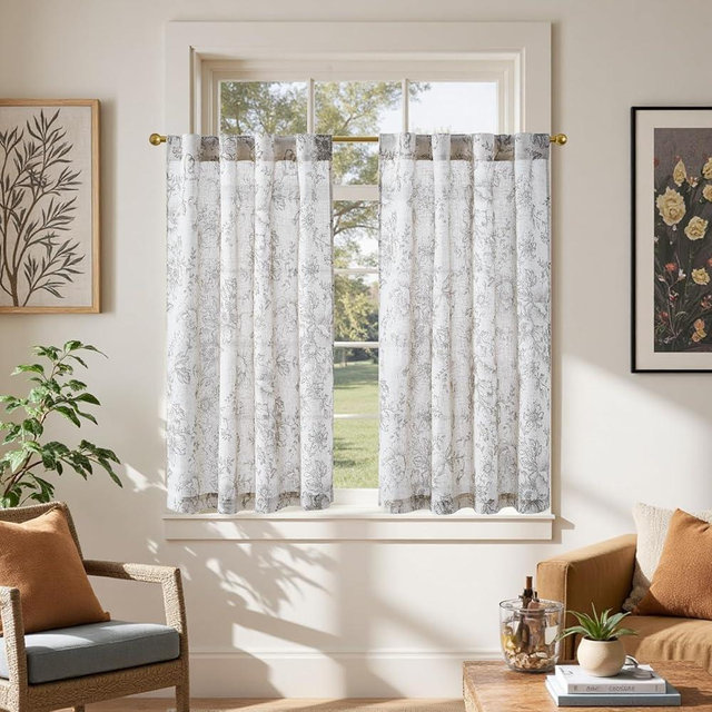 jinchan Linen Floral Tier Curtains 45 Inch Farmhouse Botanic Grey Cafe Curtains Light Filtering Drapes for Small Windows Back Tab Half Window for Kitchen Living Room Bathroom 2 Panels Gray