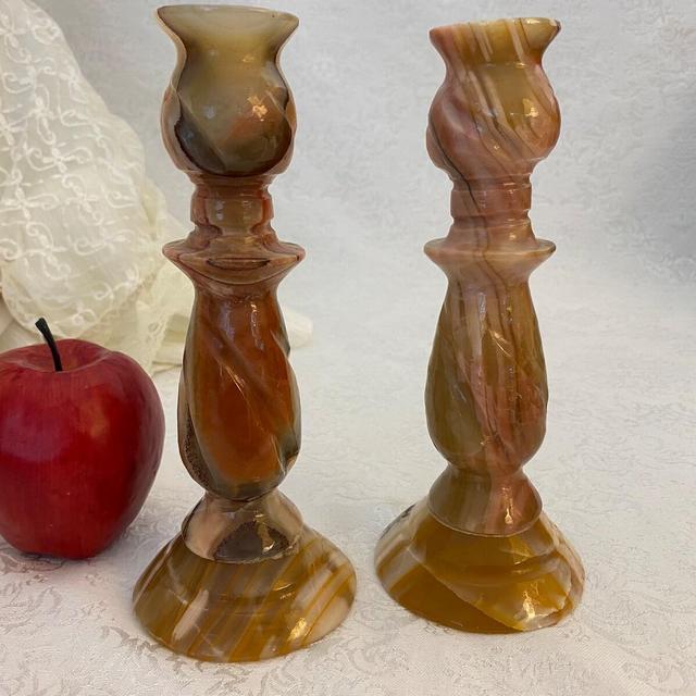 Pair of 8 Inch Marble or Onyx Candle Stick Holders