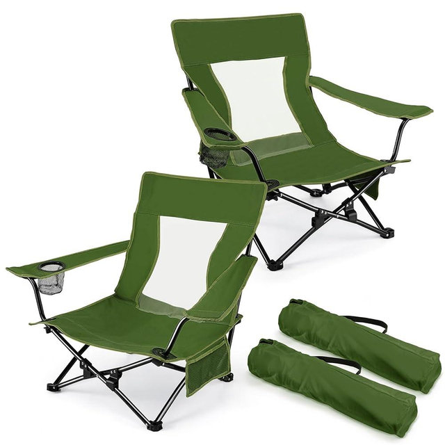 Joyfair Beach Camping Chair (2 Pack), Outdoor Folding Lawn Chair for Adults, Heavy Duty Portable Chair with Armrest for Outside Fishing, Sport, Patio, Cup Holder & Storage Pocket, Carry Bag (Green)