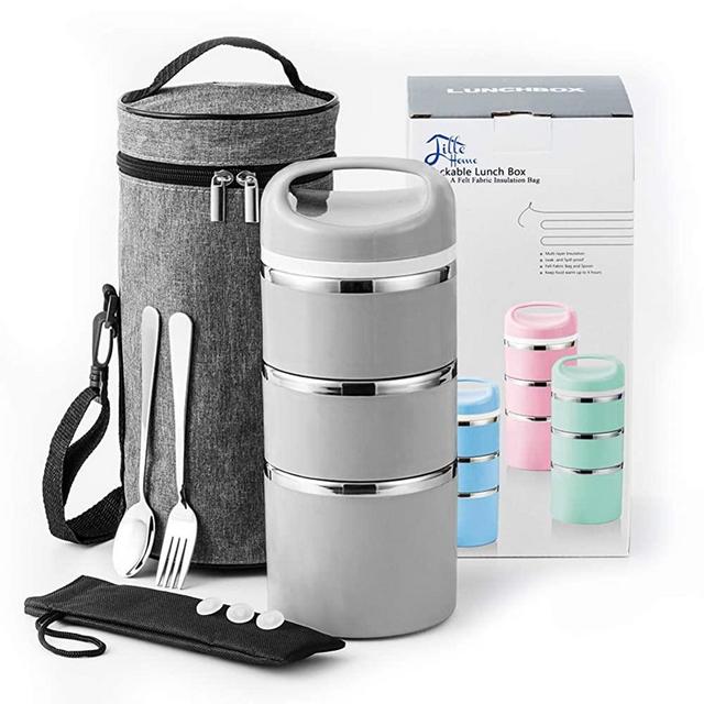 Lille Home Stackable Stainless Steel Thermal Compartment Lunch/Snack Box, 3-Tier Insulated Bento/Food Container with Upgraded Lunch Bag, Portable Cutlery Set and 3 Extra Silicone Seals, 43 OZ, Gray