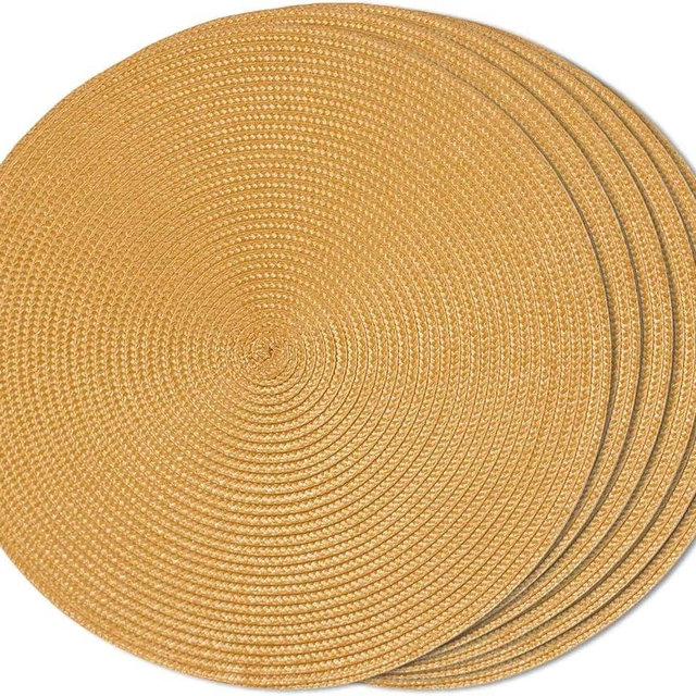 FunWheat Round Braided Placemats Set of 6 Table Mats for Dining Tables Woven Washable Non-Slip Place mats 15 Inch（Pumpkin Yellow, 6pcs）