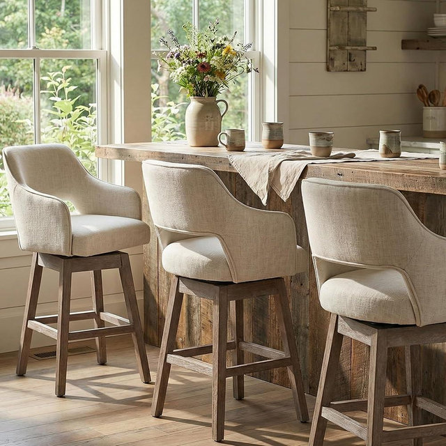 DM Furniture 360°Swivel Bar Stools Set of 3, 27" Farmhouse Counter Height Barstools with Back and Wood Legs, Linen Upholstered Dinner Stool Chair for Home Pub/Kitchen Island, Beige
