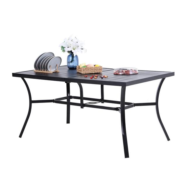 PHI VILLA Metal Patio Dining Table Steel Rectangular Outdoor Table, Weather-Resistant Table with 2.6" Umbrella Hole for Lawn Backyard Garden, Black