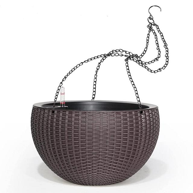 13.5 Inch Large Self Watering Hanging Planters Indoor Outdoor, Thickened Hanging Basket Flower Plant Pot with Water Level Indicator (Brown)