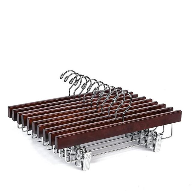 Amber Home Walnut Wooden Pants Hangers 10 Pack, Solid Wood Skirt Hanger Bottom Hanger Clips Hangers for Slacks, Jeans, Shorts with 2-Adjustable Clips (Walnut, 10 Pack)