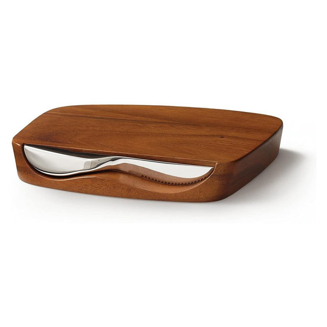 nambe Blend Bar Board with Knife, 9-Inch Board, 7-Inch Knife, Made of Acacia Wood and Stainless Steel, Ideal for Prep and Serving