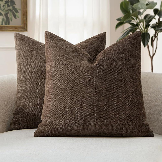 MIULEE Pack of 2 Decorative Throw Pillow Covers Soft Chenille Throw Pillows Solid Textured Cushion Covers for Couch Sofa Bedroom Living Room 20x20 Inch, Chocolate Brown