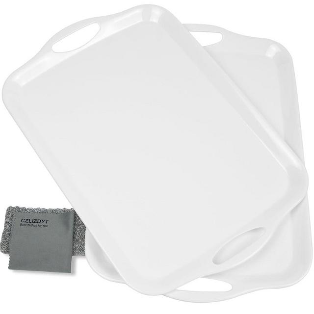 Large Melamine Serving Tray with Handles, 17.5 x 12 Inch Rectangular Melamine Serving Platter, Dishwasher Safe Trays for Eating, Appetizer, Charcuterie, Snack, Fruit, Desserts, Set of 2, White