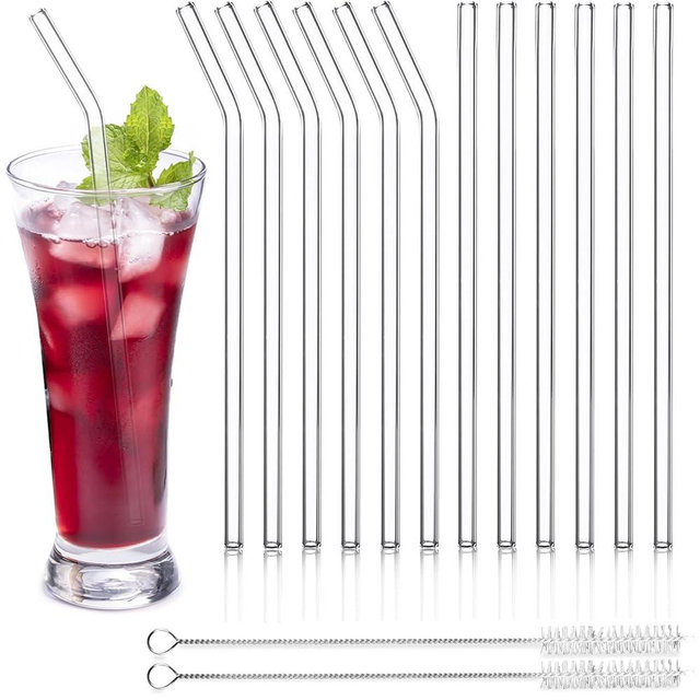 12 Pack Reusable Glass Straws - 8" x 8 MM, 6 Bent Glass Drinking Straws and 6 Straight Clear Glass Straws with 2 Cleaning Brushes, Thin Glass Straws for Smoothies, Milkshake, Frozen Drinks, Tea, Juice